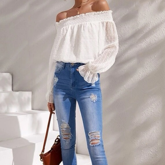 Boho Swiss Dot Off Shoulder Top Blouse Shirt - Picture 3 of 5